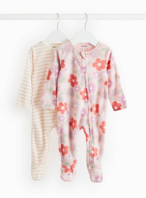 Pink Floral & Stripe Fleece Sleepsuits 2 Pack Tiny Baby